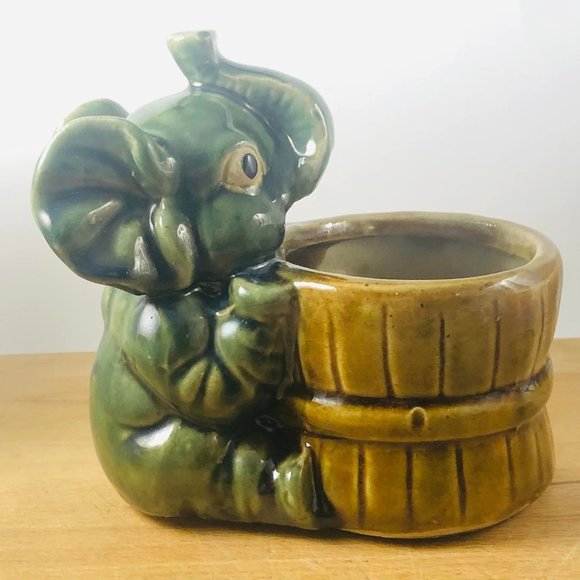 Majolica Elephant Planter Trunk Up MCM Heavy Good Luck - Picture 2 of 7